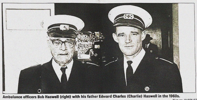 Chris Haswell's father Edward and grandfather Bob photographed together. together in old newspaper
